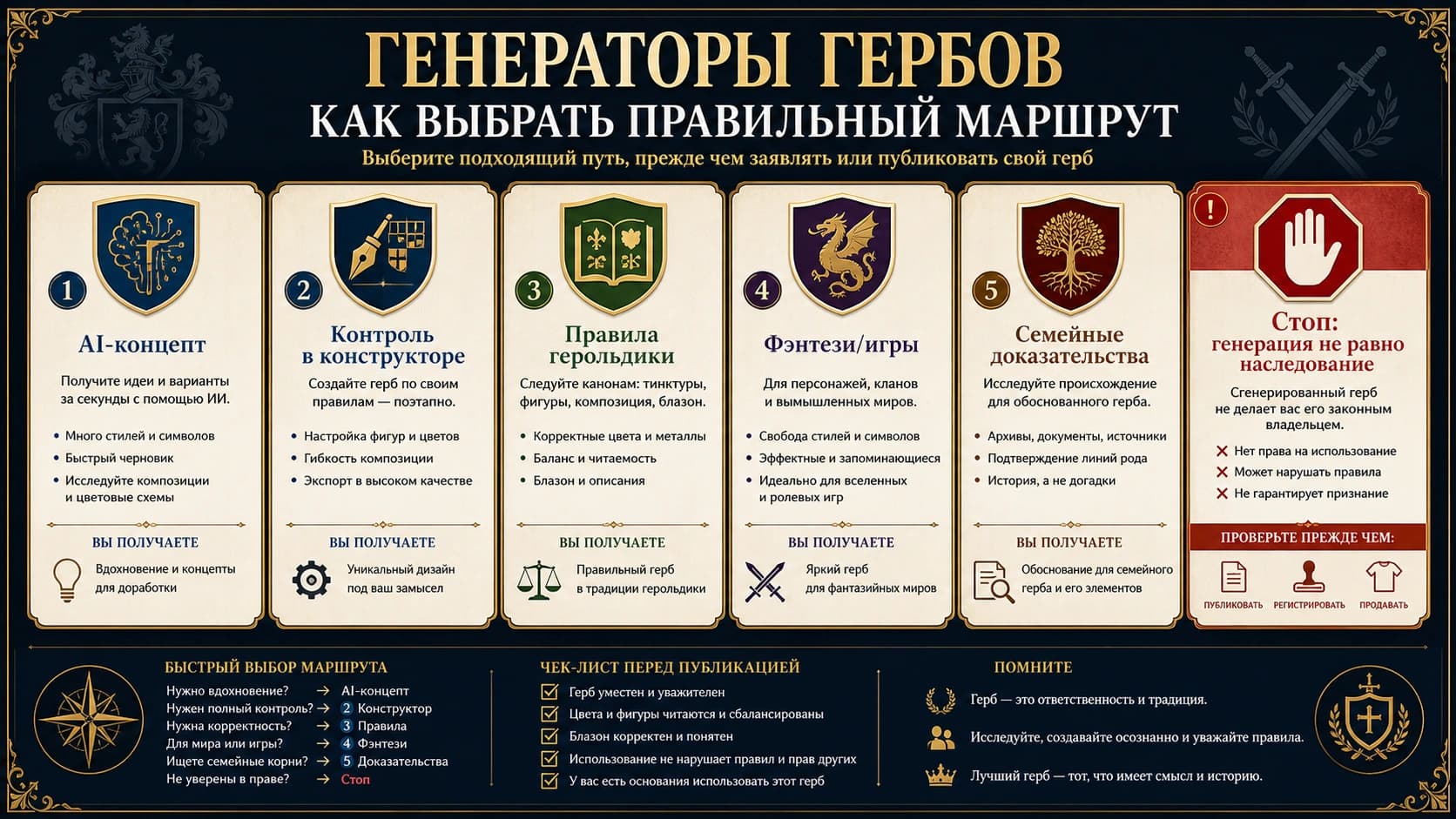 Как выбрать генератор герба: AI-эскиз, конструктор, блазон, фэнтези или семейное доказательство