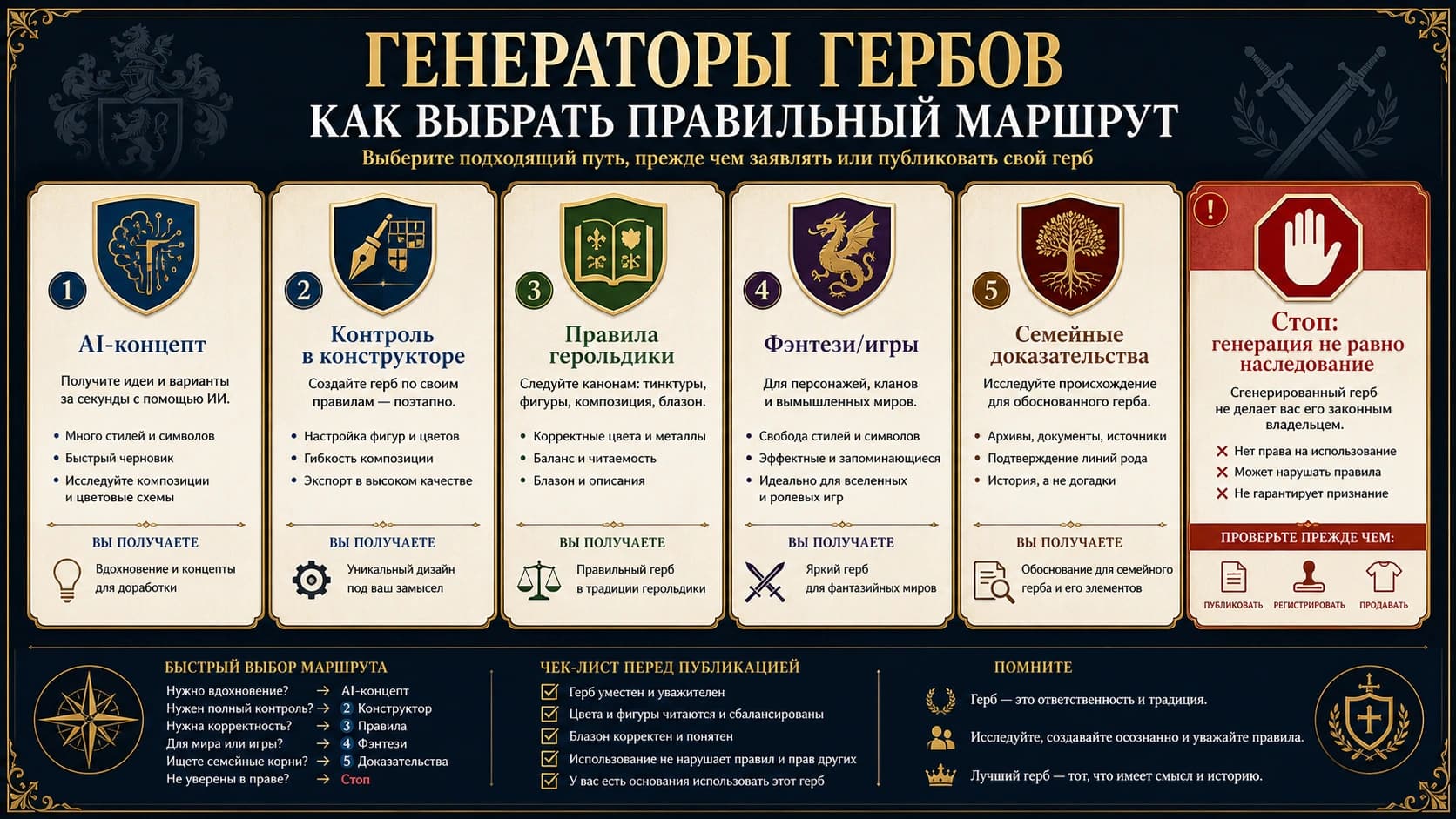 Карта выбора генератора герба: AI, конструктор, блазон, фэнтези и семейное доказательство
