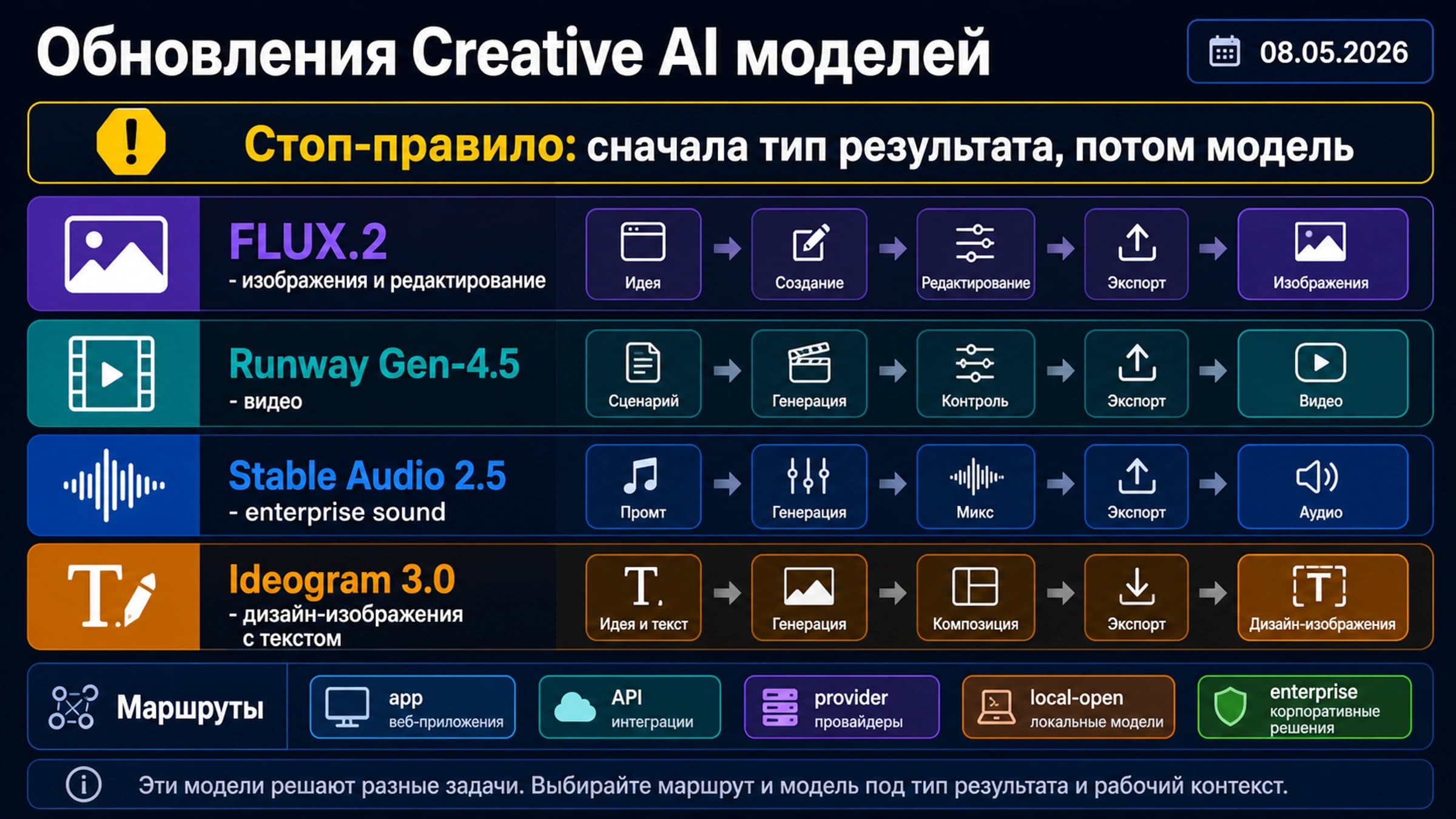 Как выбрать творческую AI-модель: FLUX.2, Runway Gen-4.5, Stable Audio 2.5 и Ideogram 3.0