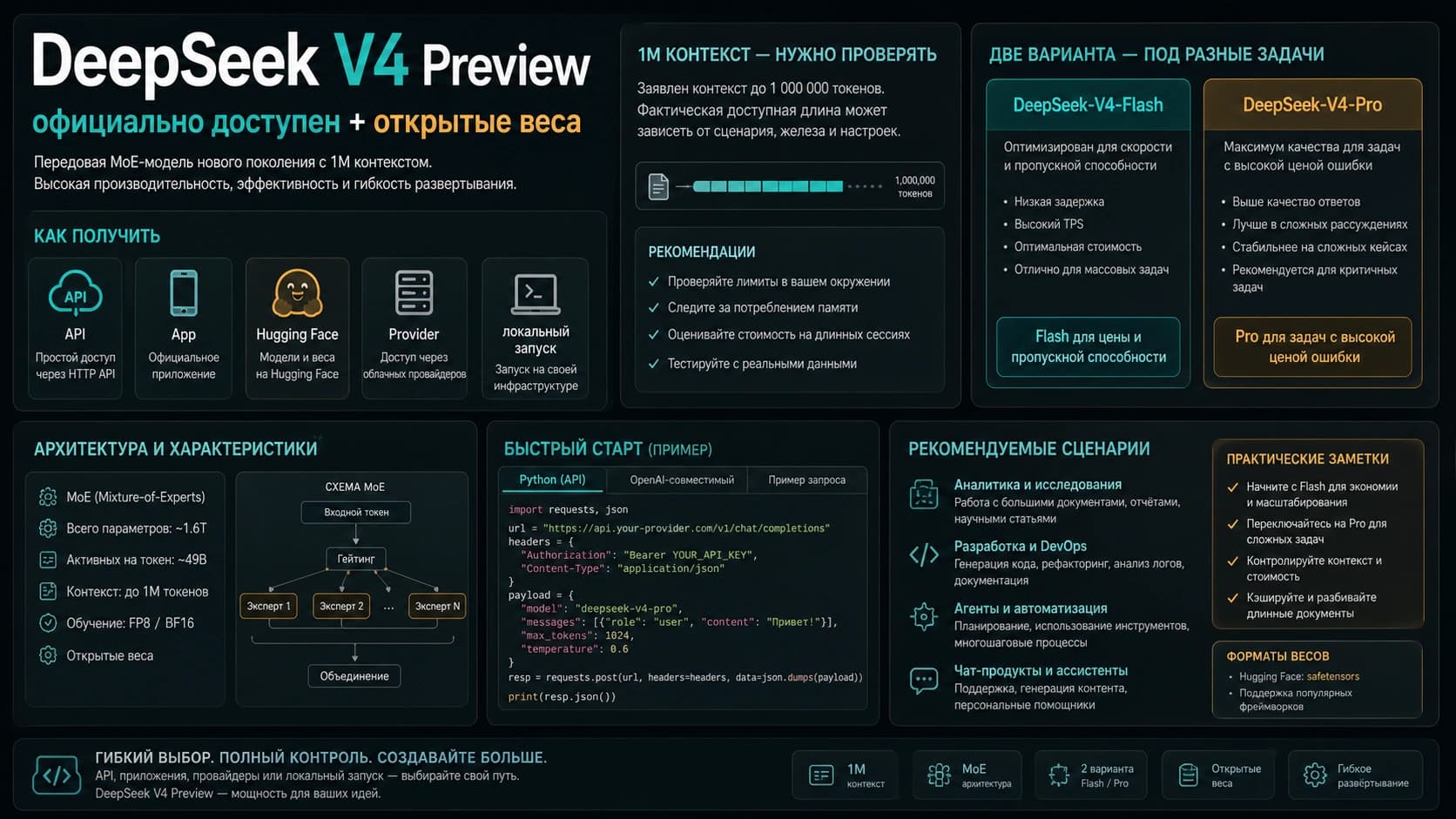 DeepSeek V4 Preview: Pro, Flash, 1M контекст, API и открытые веса