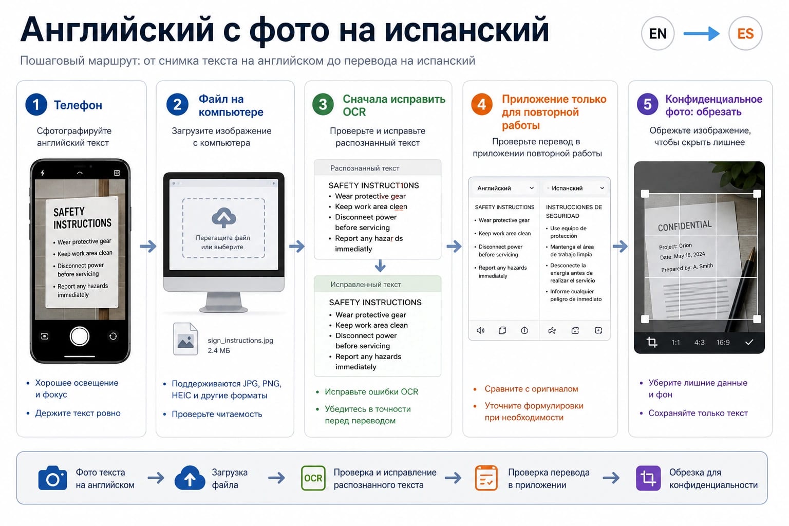 Маршрутная доска для перевода английского текста с фото на испанский через телефон, компьютер, OCR, приложение или приватную обрезку