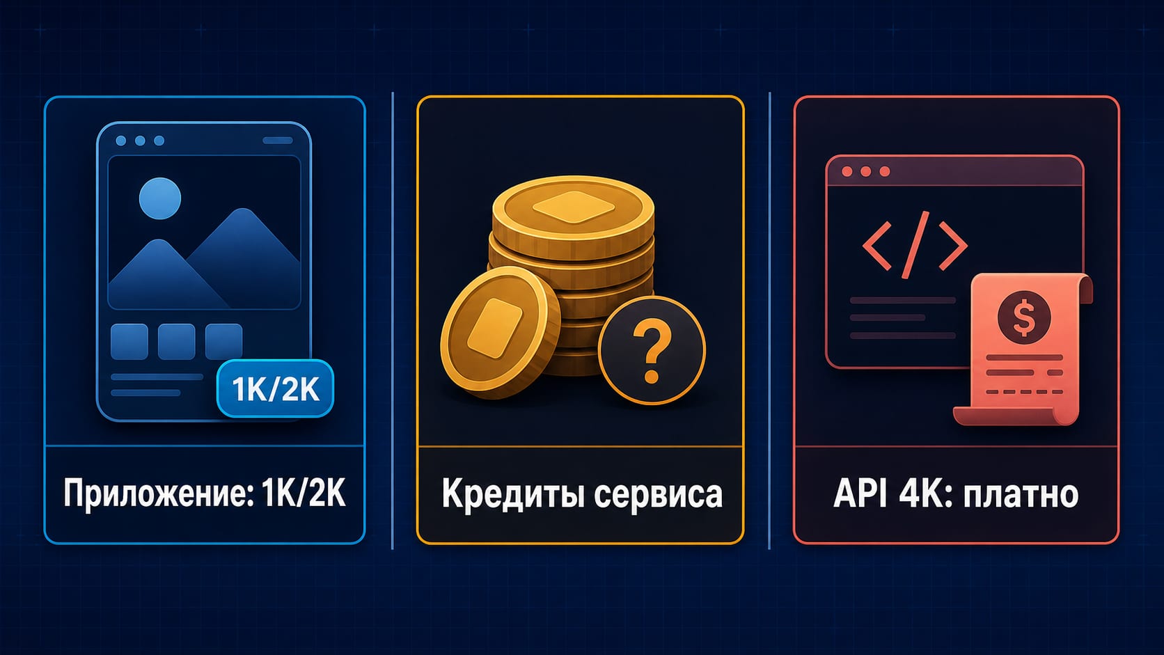 Схема выбора между лимитом приложения Gemini, кредитами сервиса и платным API для генерации 4K
