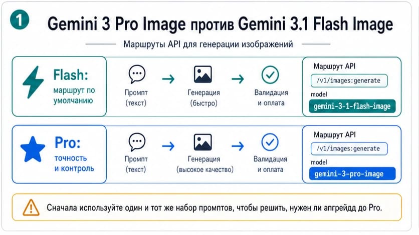 Сравнение маршрутов API Gemini 3.1 Flash Image и Gemini 3 Pro Image: Flash как маршрут по умолчанию, Pro как повышение точности