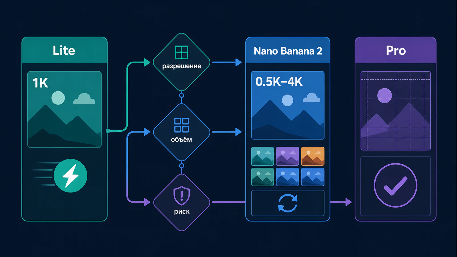 Три маршрута выбора между Nano Banana 2 Lite, Nano Banana 2 и Nano Banana Pro по разрешению, объёму и риску результата