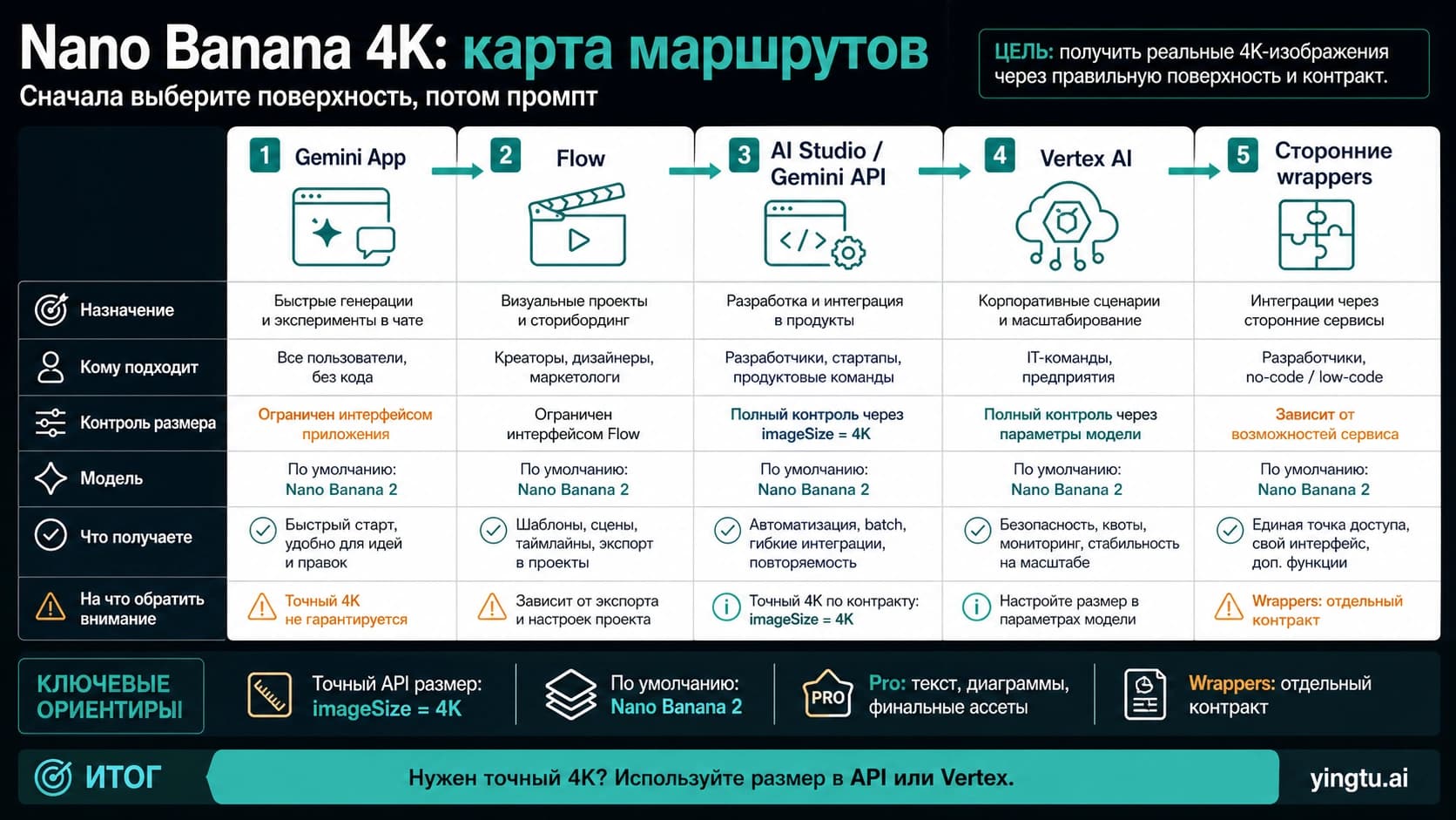 Карта Nano Banana: нативная генерация 4K, перерисовка исходного изображения и внешний upscaler.