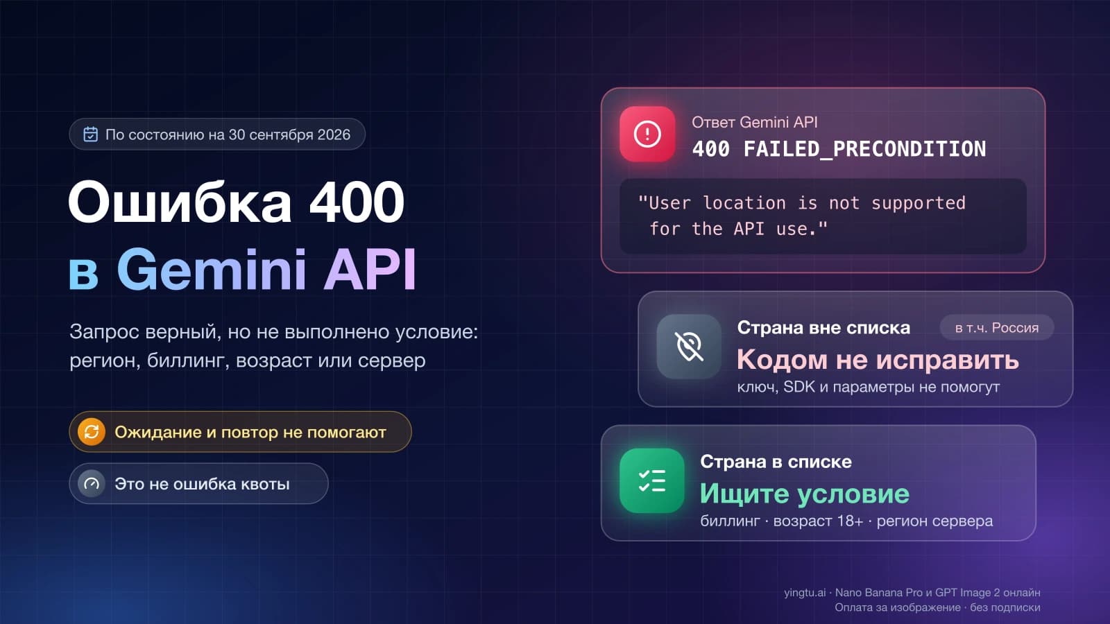 Ответ Gemini API 400 FAILED_PRECONDITION «User location is not supported for the API use»: из страны вне списка кодом не исправить, из страны в списке нужно проверить биллинг, возраст и регион сервера