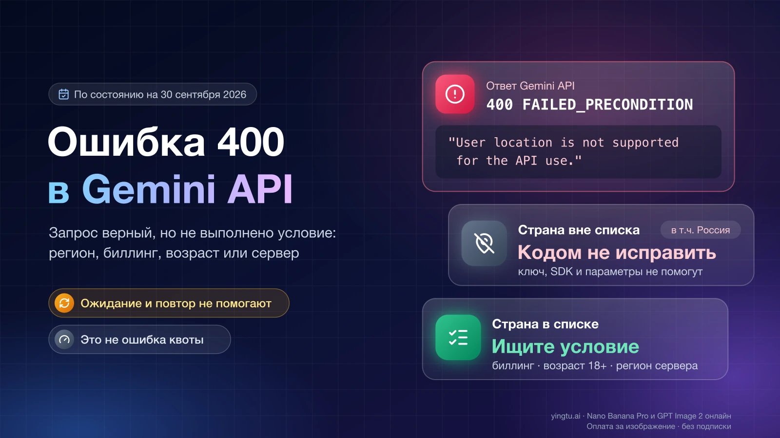 Ответ Gemini API 400 FAILED_PRECONDITION «User location is not supported for the API use»: из страны вне списка кодом не исправить, из страны в списке нужно проверить биллинг, возраст и регион сервера