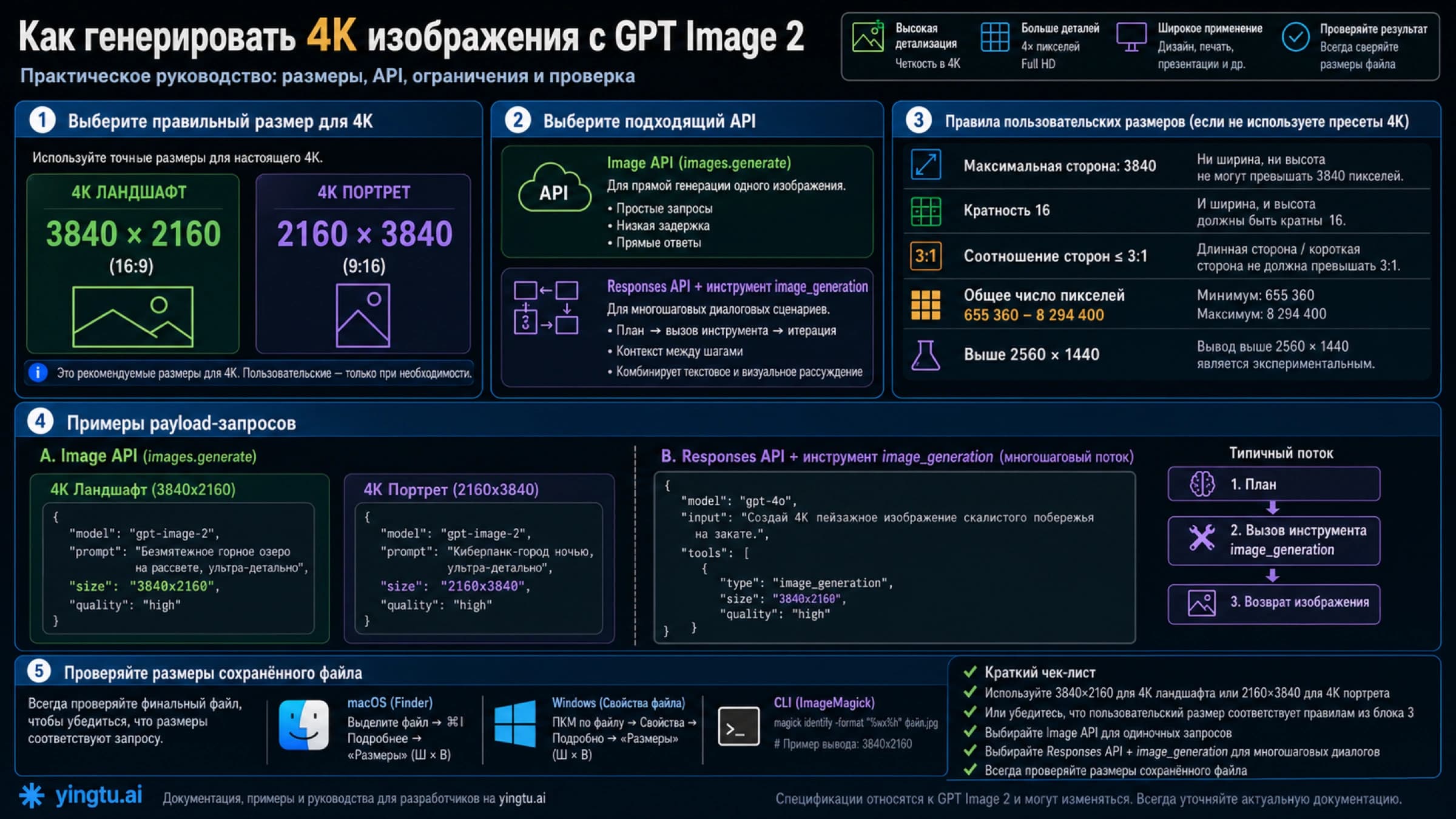 Размеры GPT Image 2: поддерживаемые size, custom-правила, 4K и проверка API