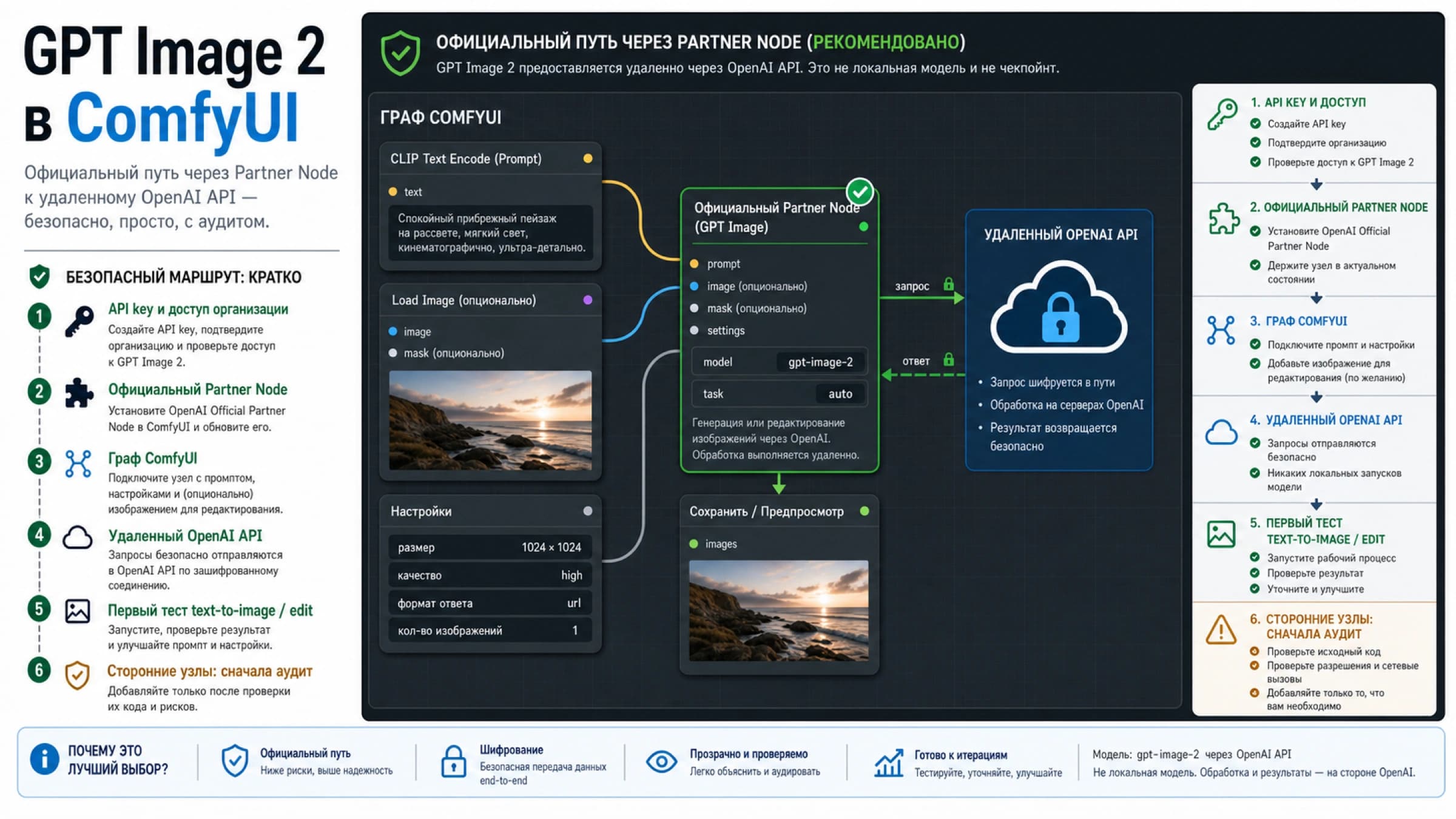 Маршрут GPT Image 2 в ComfyUI через официальный Partner Node, прямой API и custom node