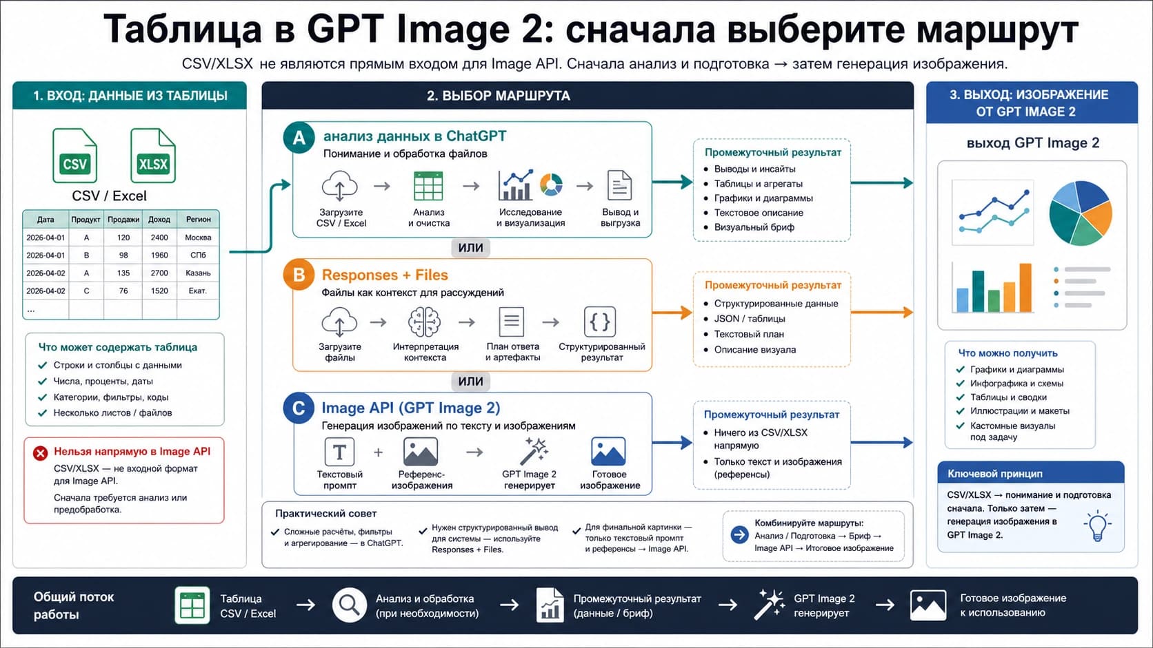 Маршрут от CSV или Excel через анализ данных, Responses plus Files и Image API к изображению GPT Image 2