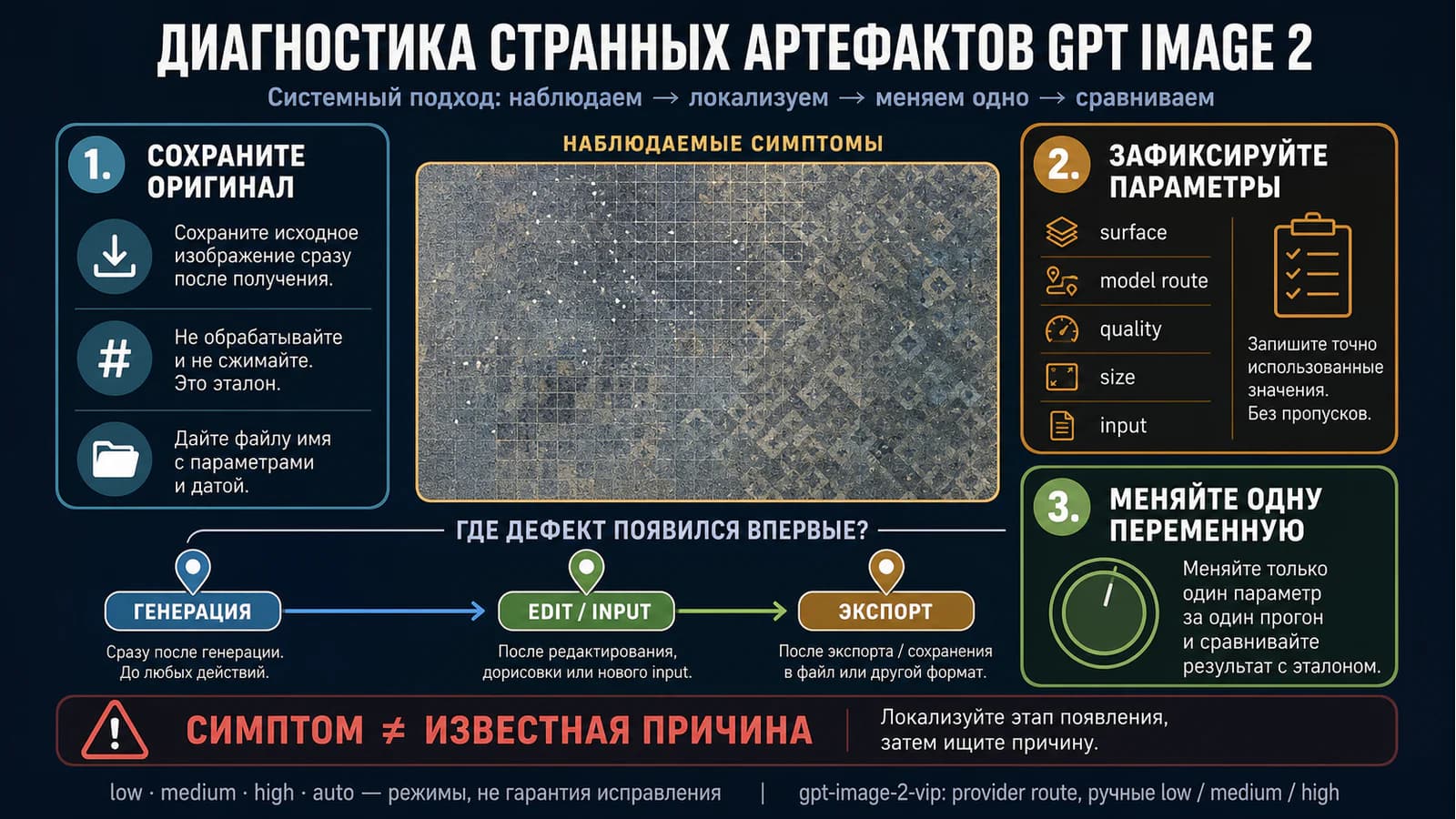 Диагностика шума и плиточных артефактов GPT Image 2 по наблюдаемому симптому