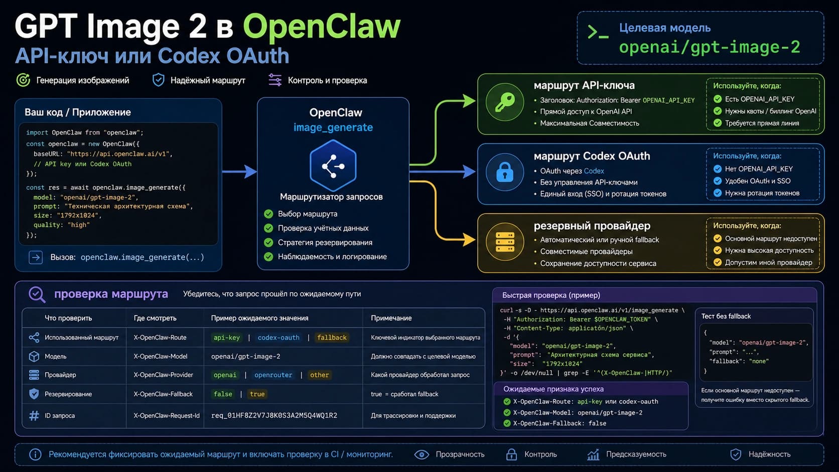 Схема маршрутов GPT Image 2 в OpenClaw: API key, Codex OAuth, fallback и проверка.
