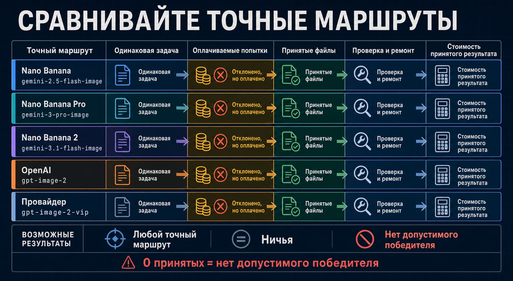 Матрица сравнения Nano Banana Pro и GPT Image 2 по цене попытки, доле приемки и стоимости принятого изображения