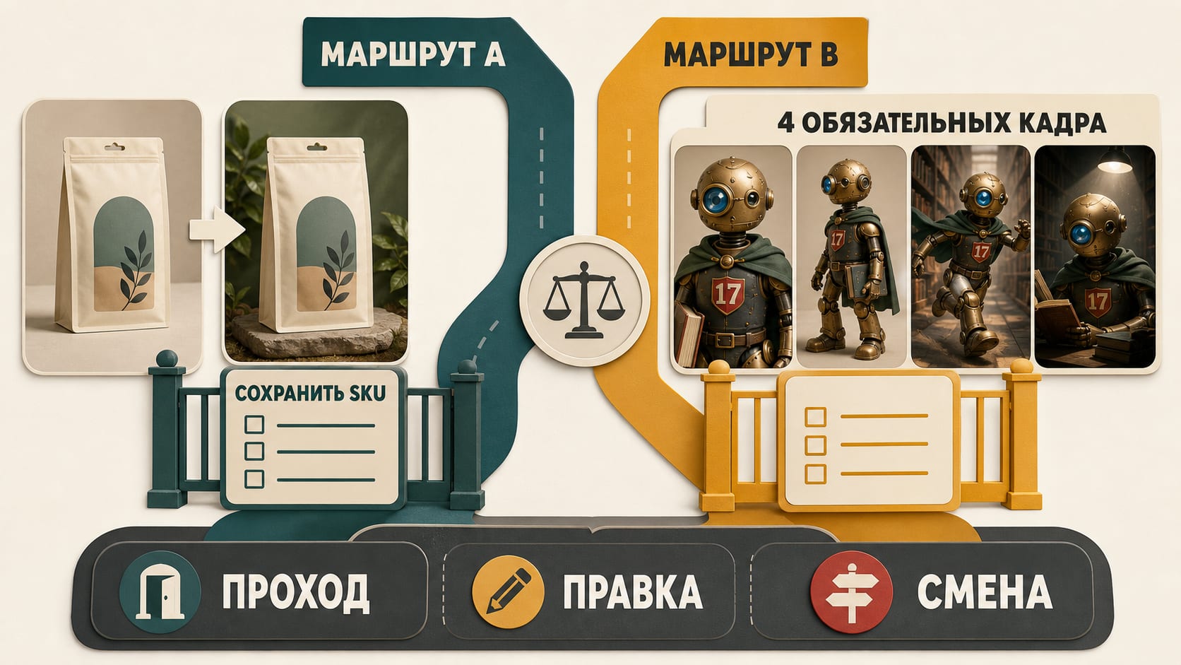 Два маршрута сравнивают по сохранности товара и одному персонажу в четырех разных кадрах