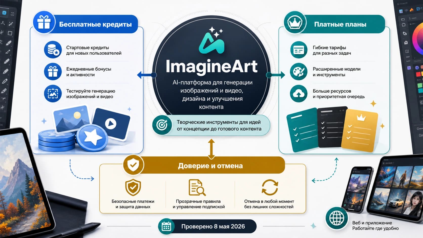 Покупательская схема ImagineArt с бесплатными кредитами, платными планами и проверкой отзывов