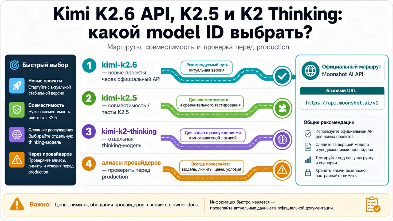 Kimi K2.6 API, K2.5 и K2 Thinking: какой model ID указывать в коде