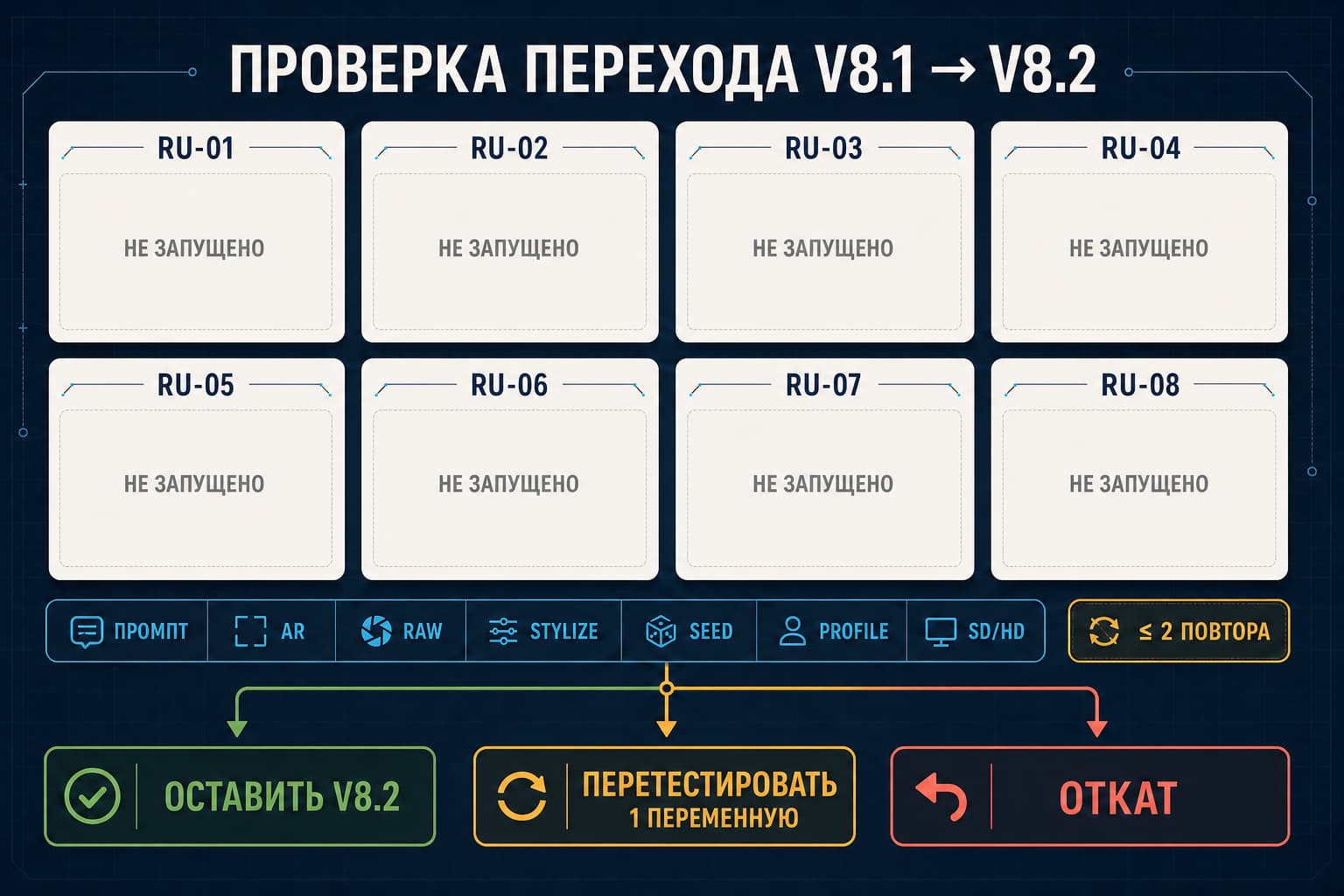 Схема решения о переходе на Midjourney 8.2: восемь промптов ведут к вариантам оставить версию, перепроверить одну переменную или откатиться