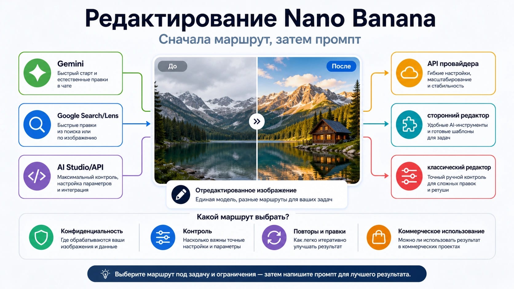 Схема выбора маршрута, промпта и правил остановки для Nano Banana