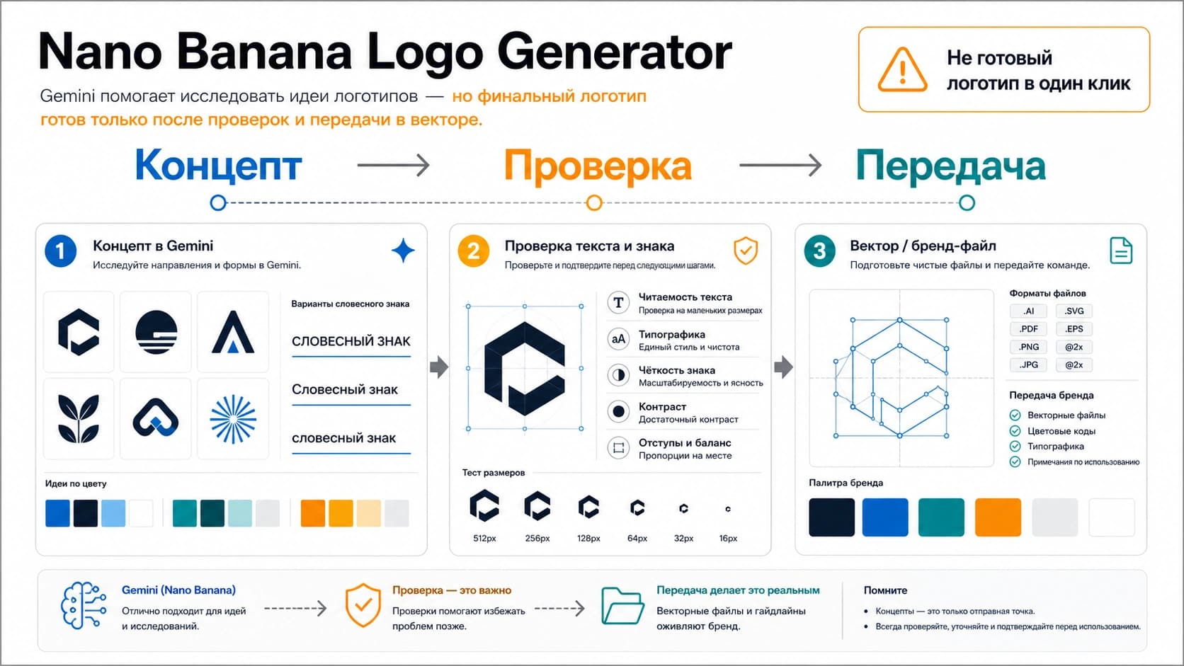 Обложка рабочего процесса Nano Banana для логотипа: концепт, проверка и векторная передача