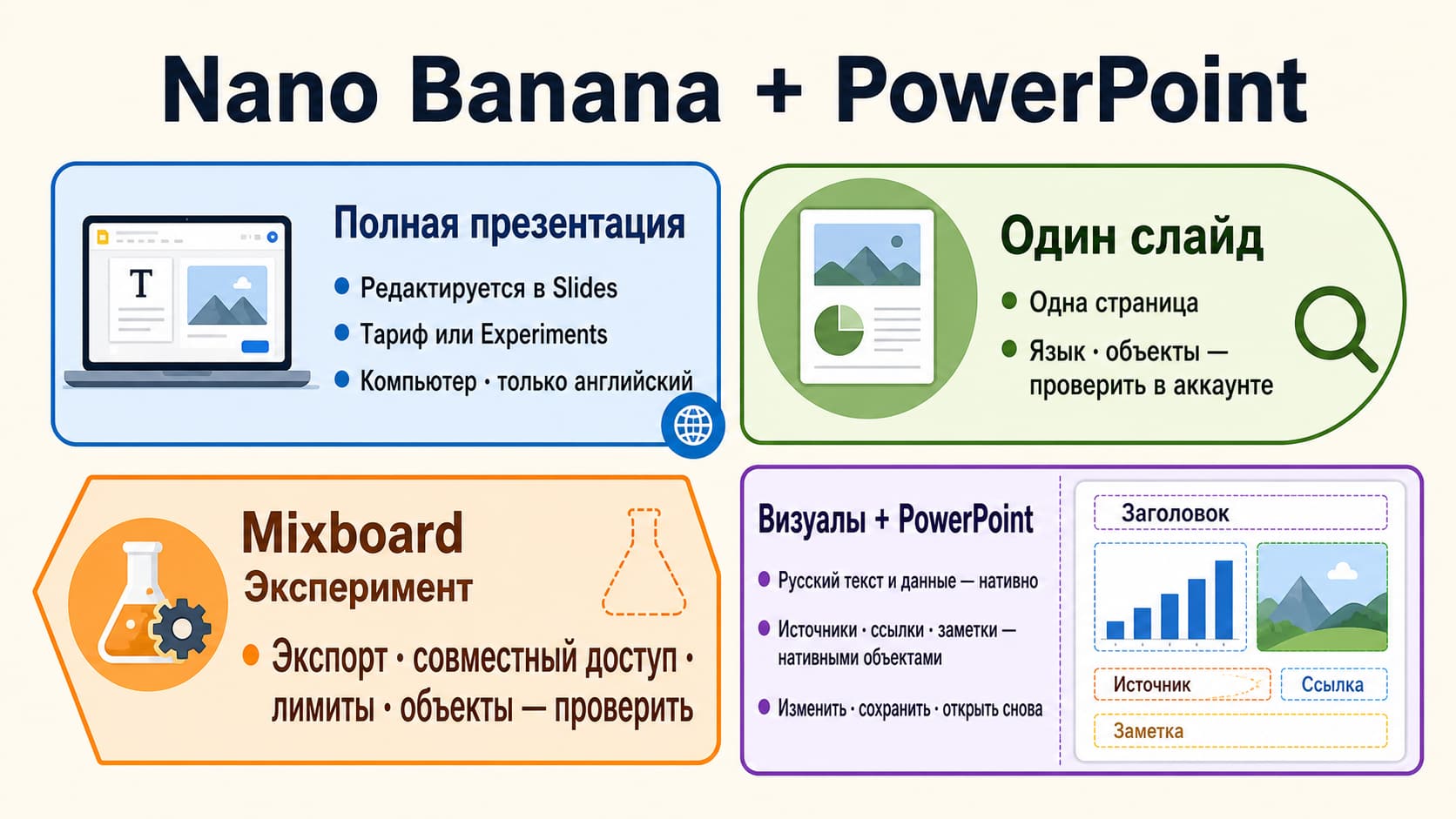 Выбор между полной презентацией в Google Slides, одним слайдом, Mixboard и визуалами Nano Banana для PowerPoint