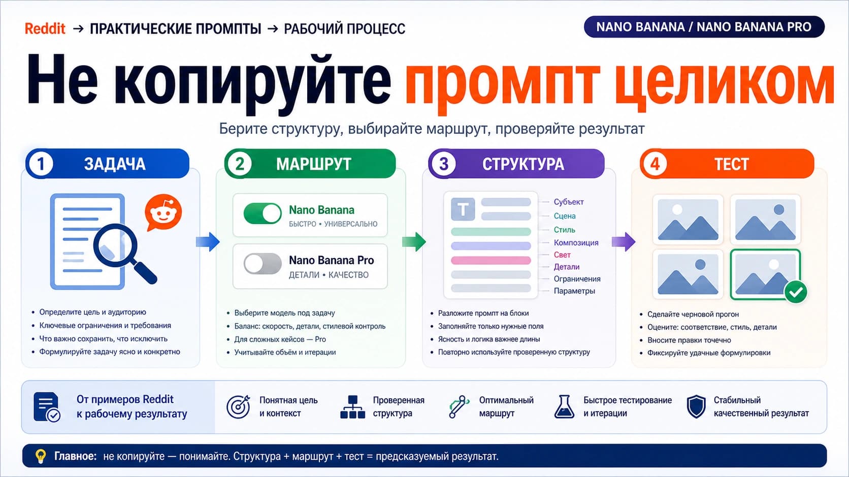 Рабочий процесс Nano Banana от выбора задачи и заполнения промпта до проверки результата
