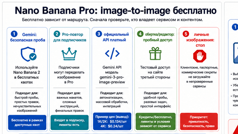 Nano Banana Pro image-to-image бесплатно: какой маршрут выбрать перед загрузкой фото