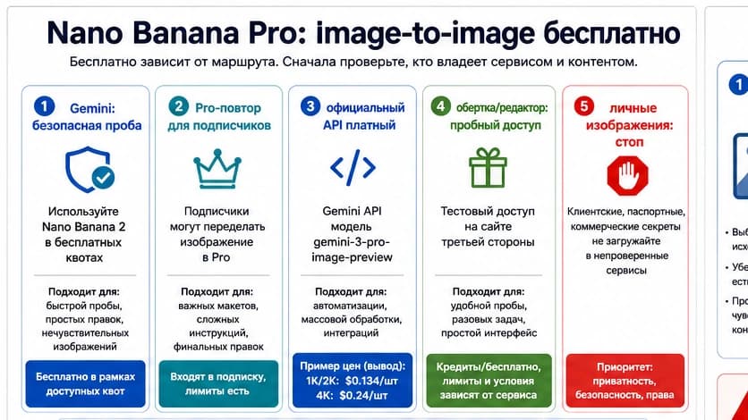 Nano Banana Pro image-to-image бесплатно: какой маршрут выбрать перед загрузкой фото