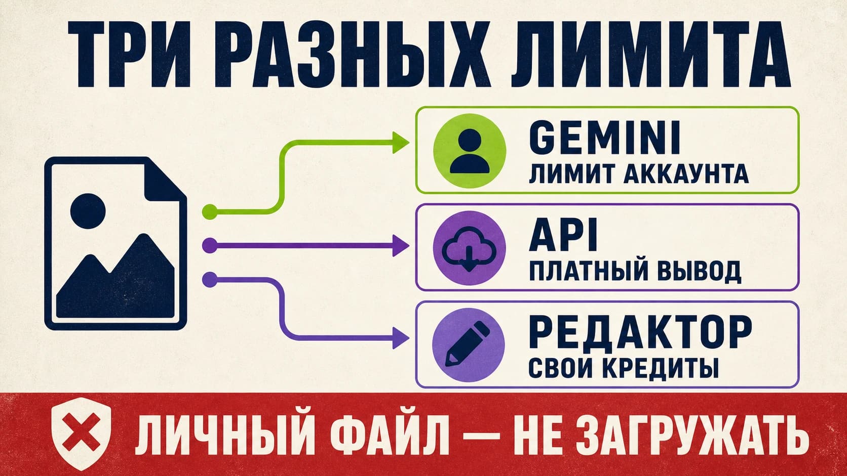 Схема различий между лимитами Gemini, оплатой API и кредитами стороннего редактора Nano Banana Pro
