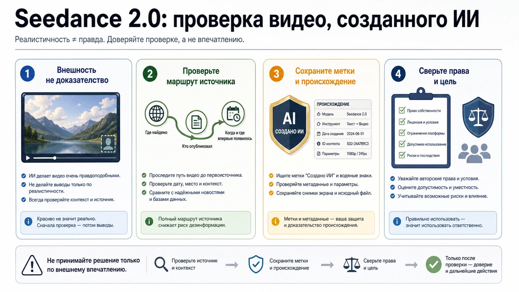 Панель проверки видео Seedance 2.0, созданного ИИ: внешность, маршрут источника, метки, происхождение, права и цель