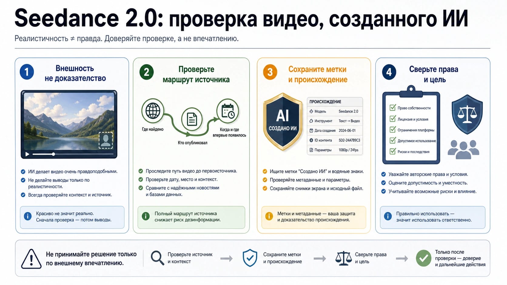 Видео Seedance 2.0, созданные ИИ: как проверить метки, происхождение и безопасное использование