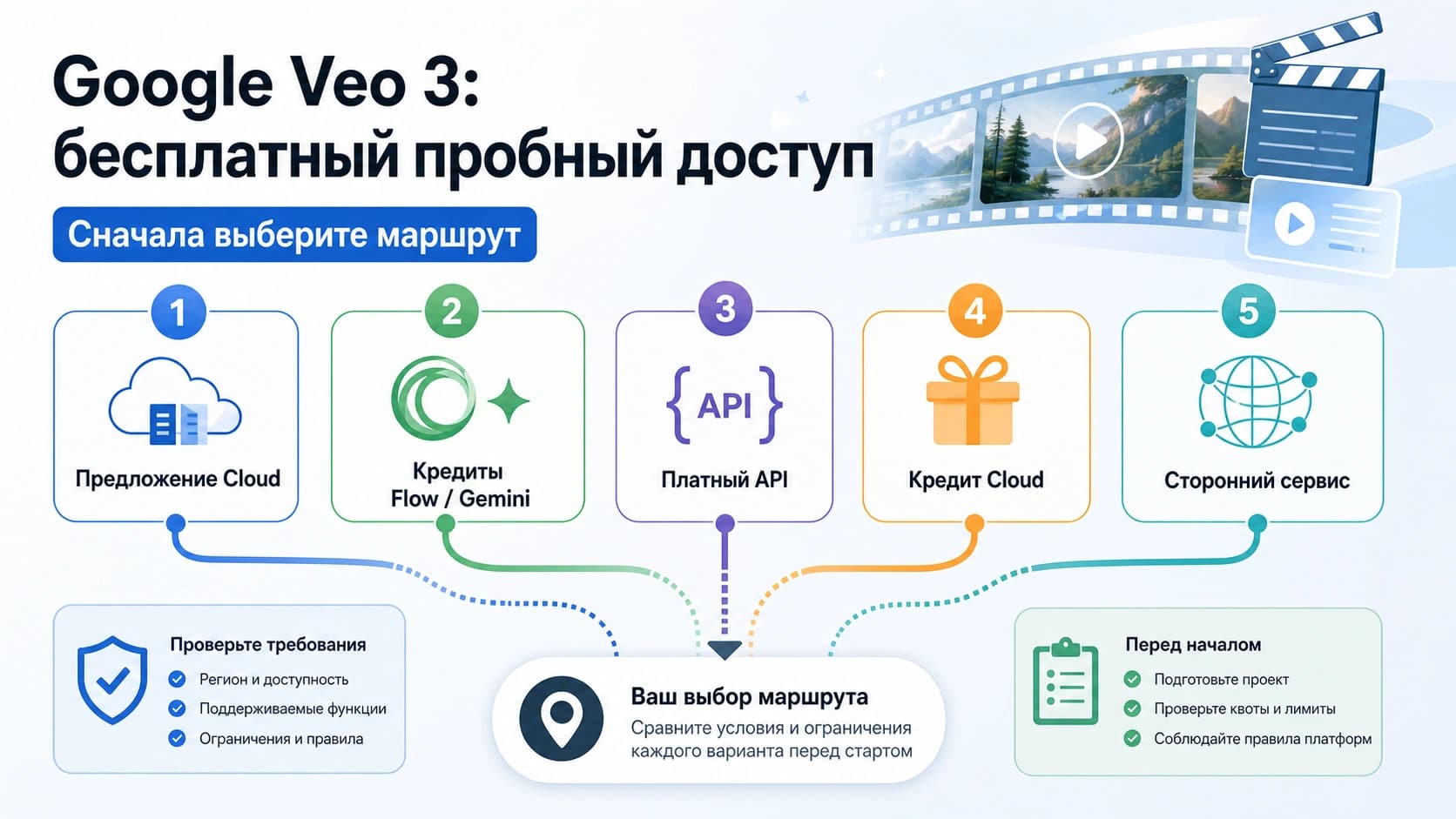 Схема пробного доступа Google Veo: предложение Cloud, кредиты Flow и Gemini, платный API, кредит Cloud и сторонние обертки