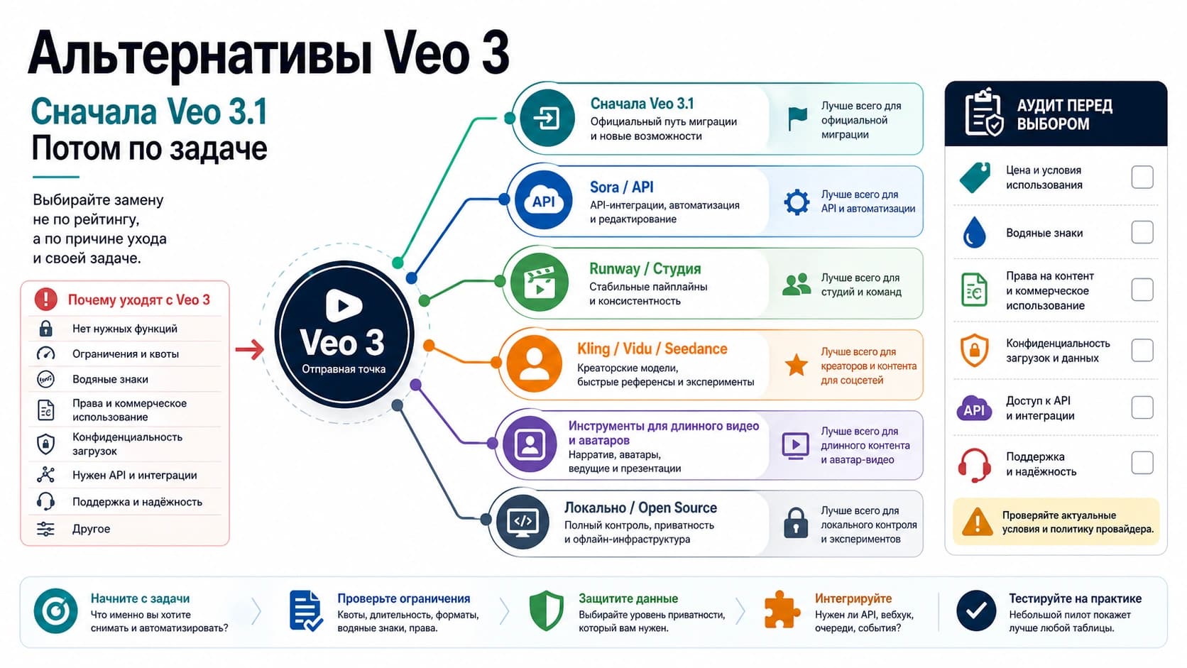 Маршрутная доска альтернатив Veo 3: Google migration, OpenAI API, studio tools, creator models, long-form tools and local routes