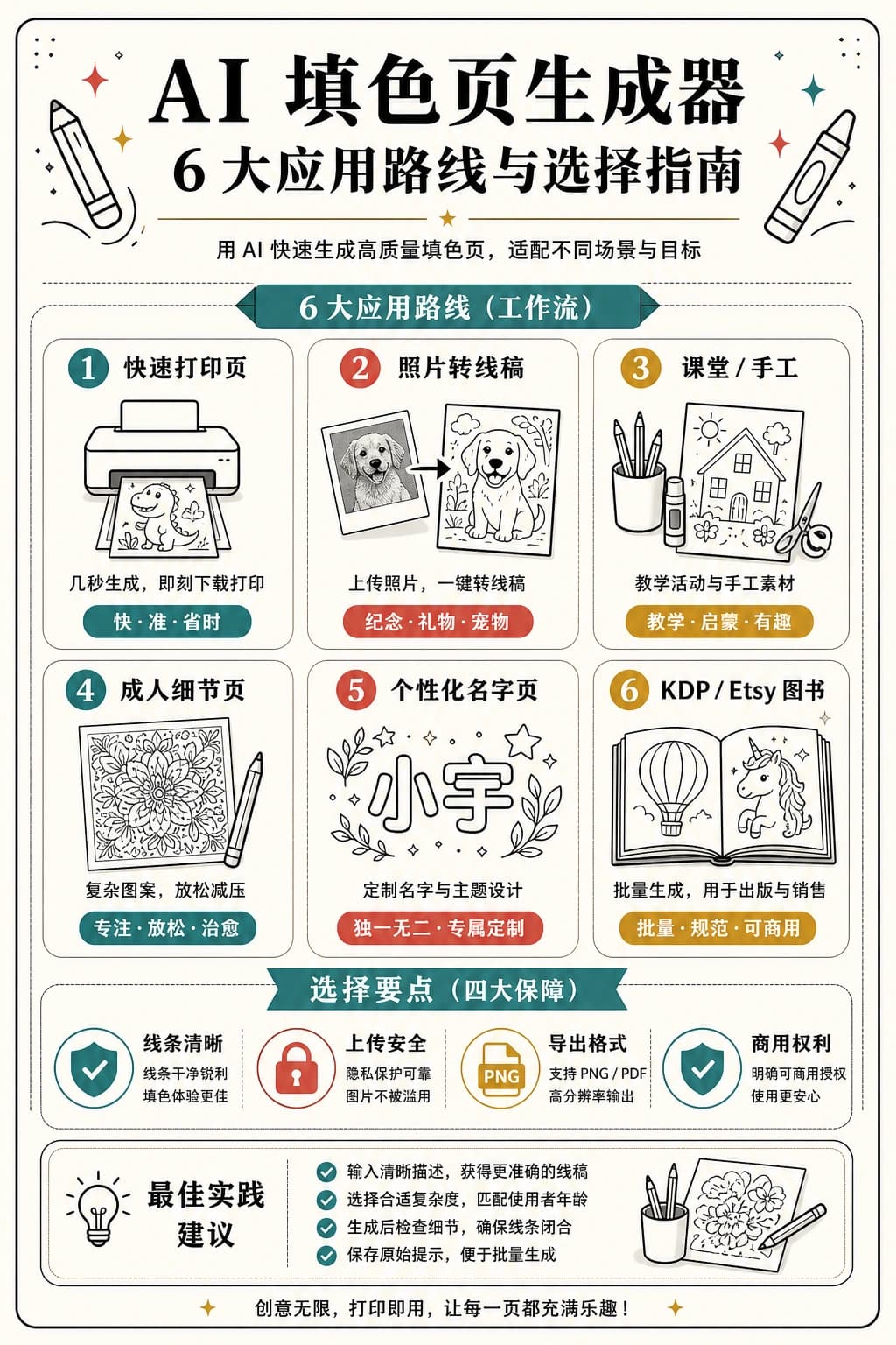 按输出用途选择 AI 涂色页生成路线的中文路线图