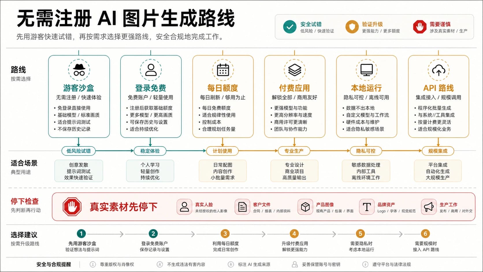 无需注册 AI 图片生成器的路线板,提示只适合无敏感提示词测试并在真实素材前切换路线