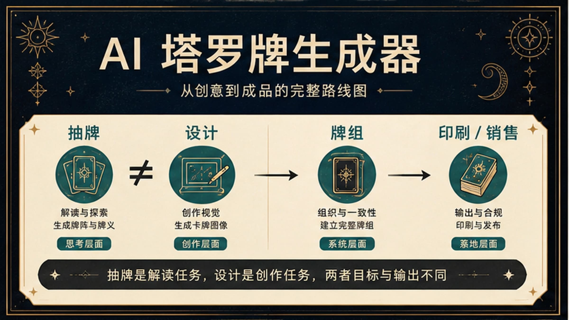 把塔罗抽牌、AI 卡面设计、牌组制作和发布检查分开的路线图