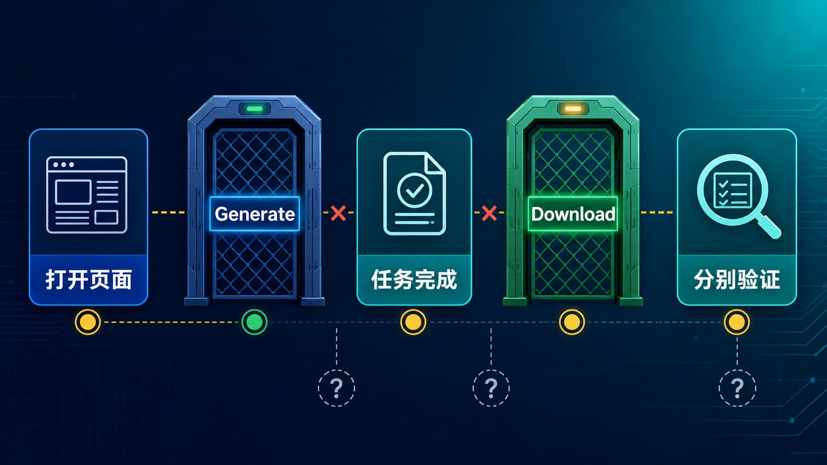 免费免注册 AI 视频生成器验证路线图,突出 Generate 和 Download 两道关键门