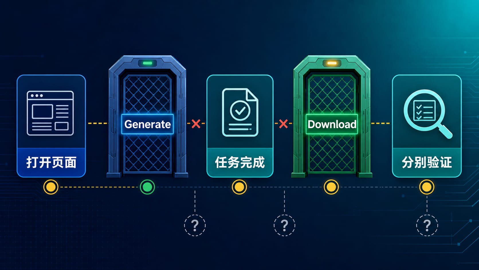 免费免注册 AI 视频生成器验证路线图,突出 Generate 和 Download 两道关键门