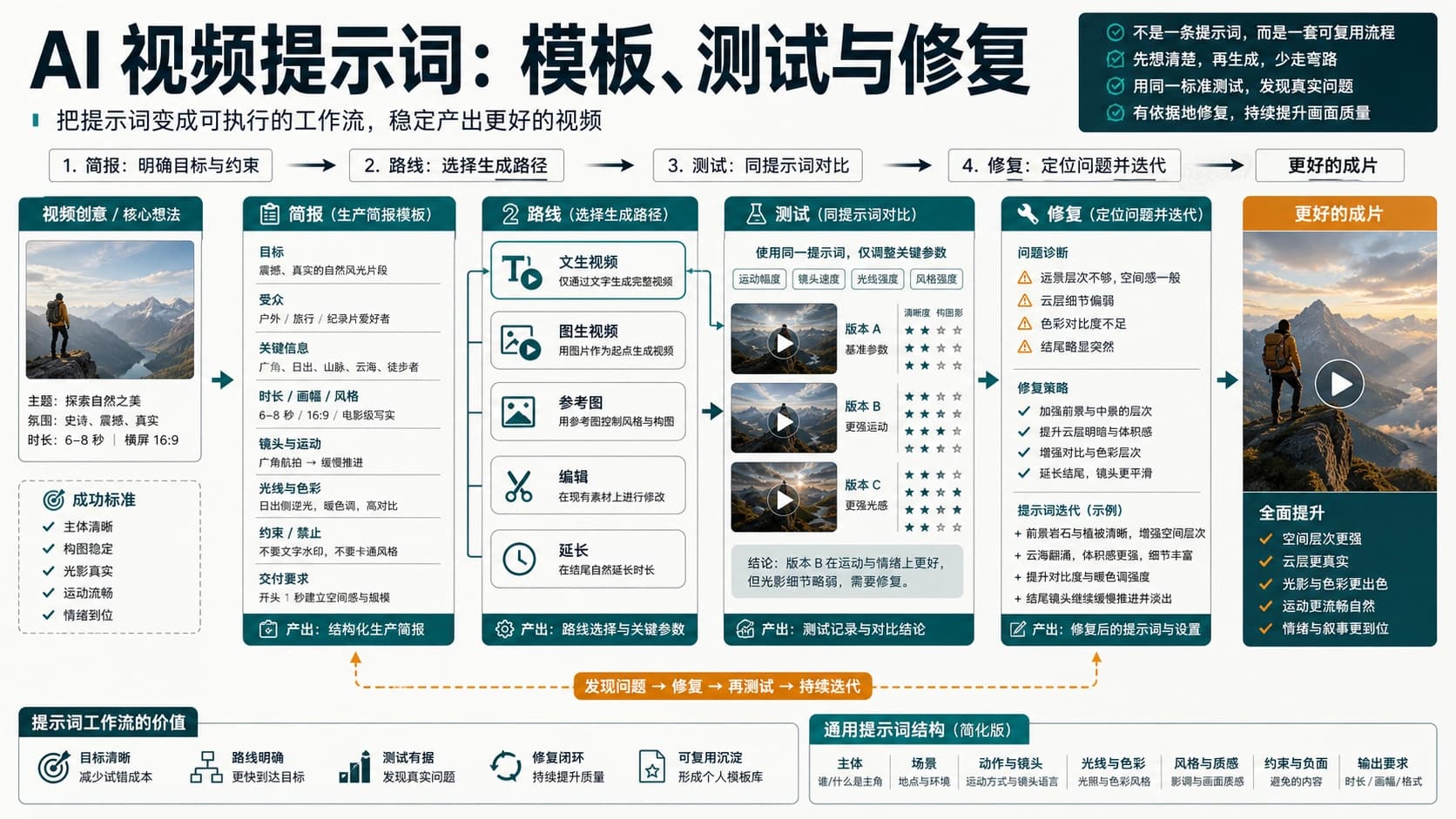 AI 视频提示词怎么写:模板、分路测试与失败修复