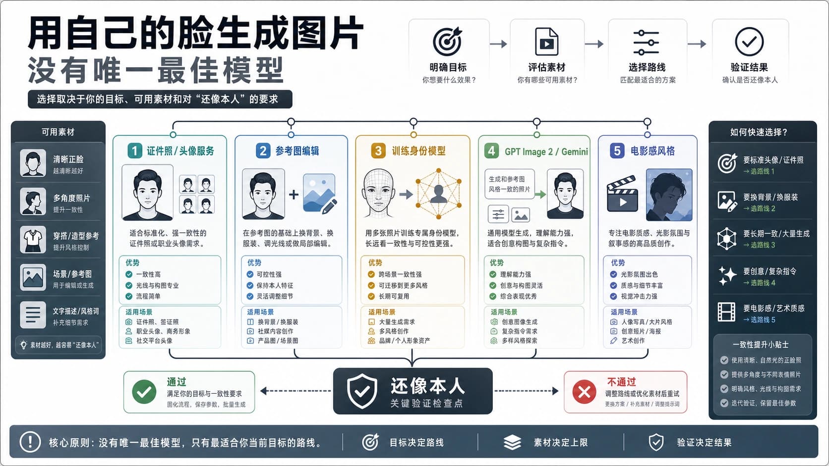 用自己的脸生成 AI 照片的路线选择图,区分职业头像、参考图编辑、训练身份、官方 API 和风格工具