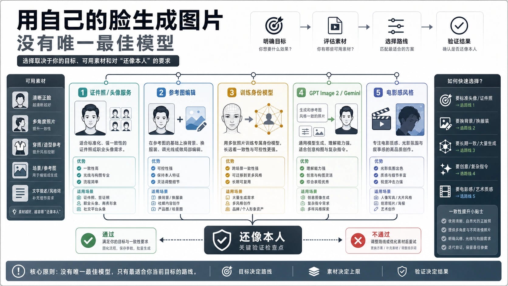 用自己的脸生成 AI 照片的路线选择图,区分职业头像、参考图编辑、训练身份、官方 API 和风格工具