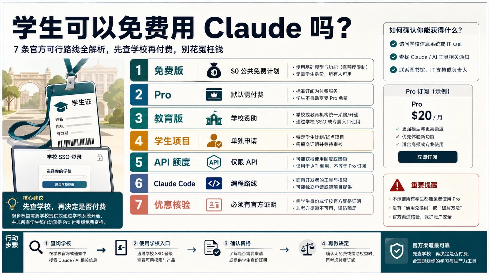 Claude 学生访问路线图,区分 Free、Pro、教育版、学生项目、API 额度、Claude Code 和一年免费声明