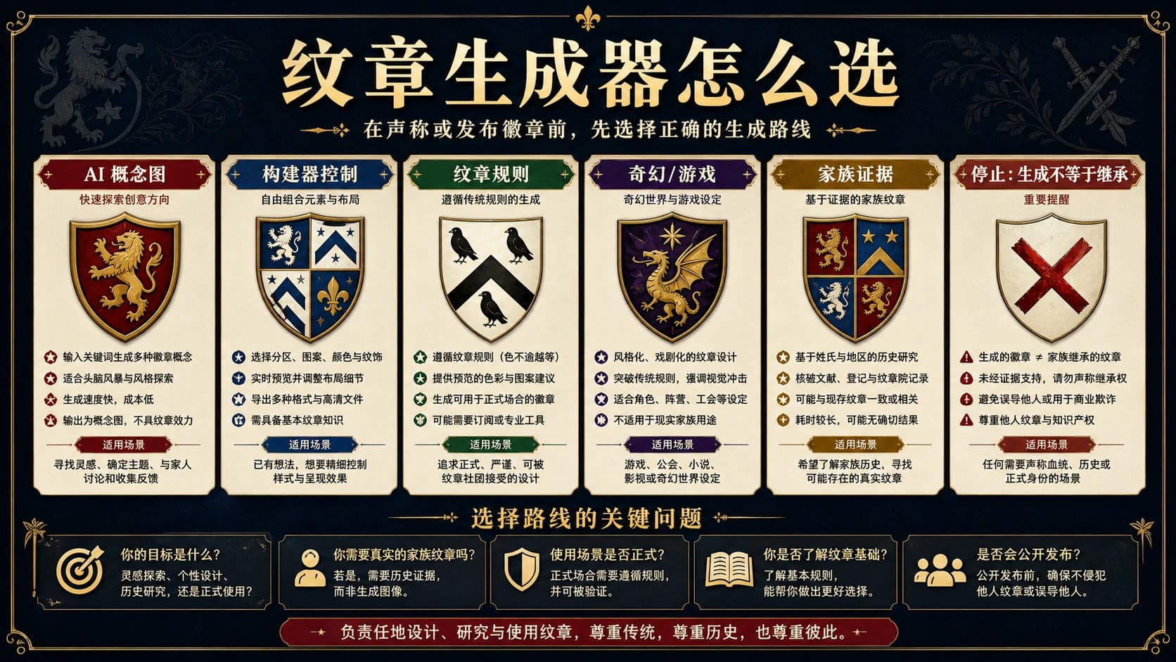 族徽生成器路线选择图,区分 AI 概念、可控徽章、纹章规则、幻想用途和家族证明