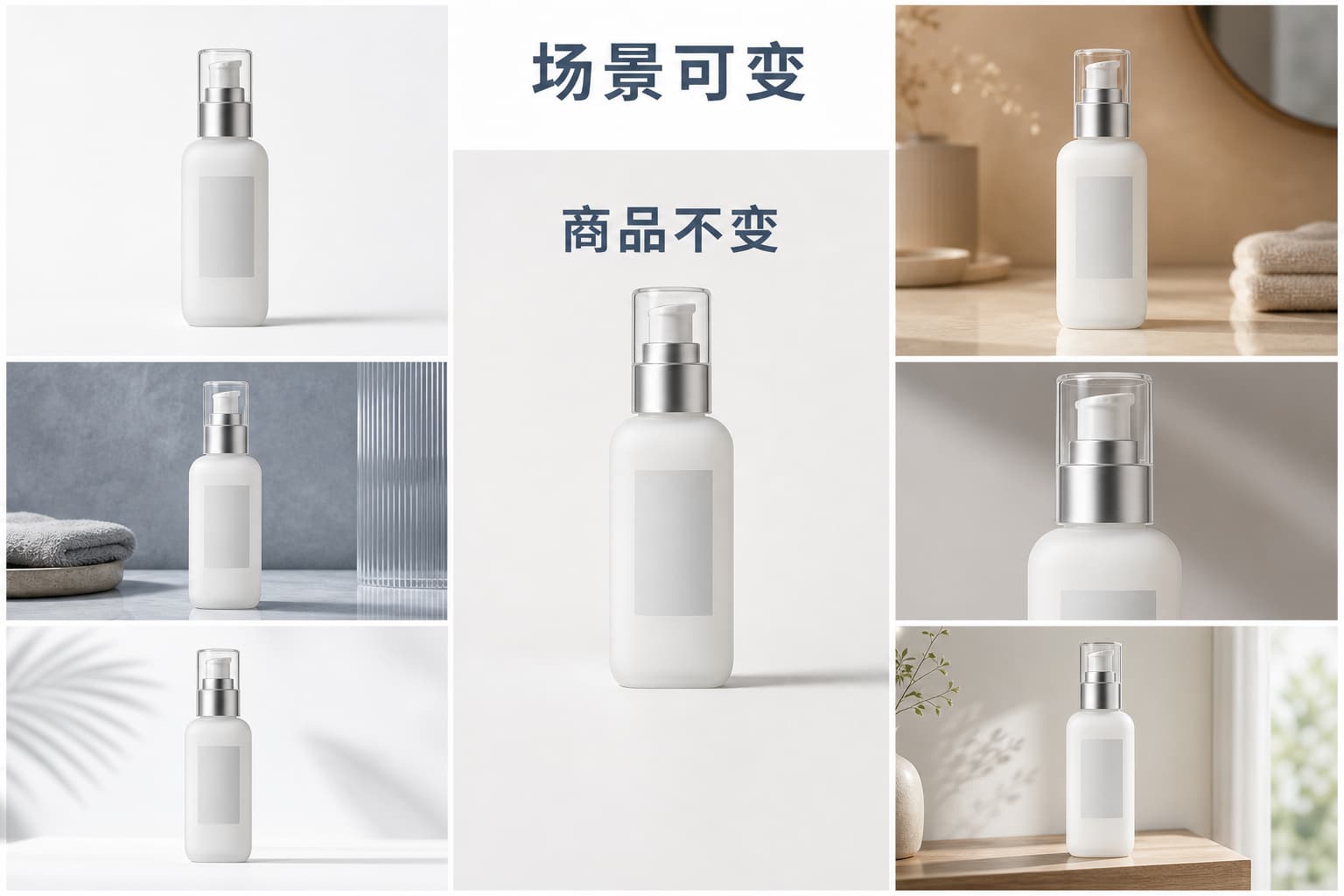 同一护肤品瓶在六种商品图场景中保持形状、标签、颜色和部件一致的质检示意