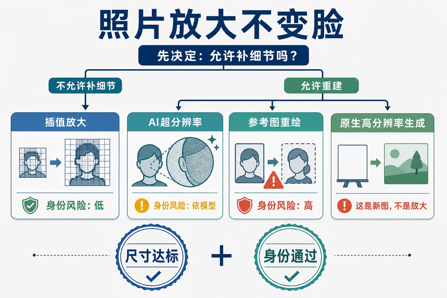 照片放大不变脸路线板,对比插值放大、AI 超分辨率、生成式重绘和原生高分辨率生成