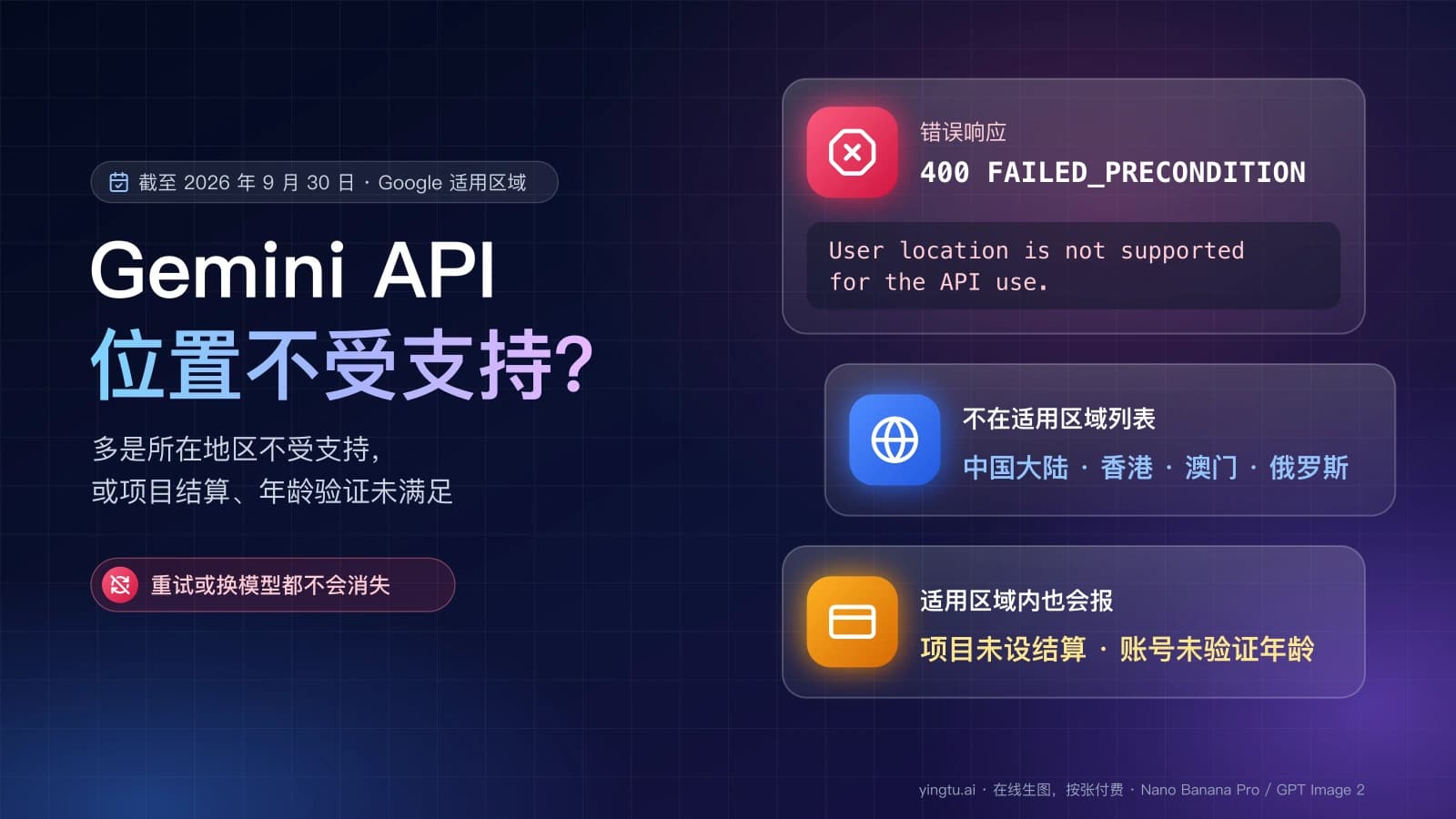 Gemini API 报 400 FAILED_PRECONDITION:中国大陆、香港、澳门、俄罗斯不在适用区域列表,列表内也可能因项目未设结算或账号未验证年龄报错
