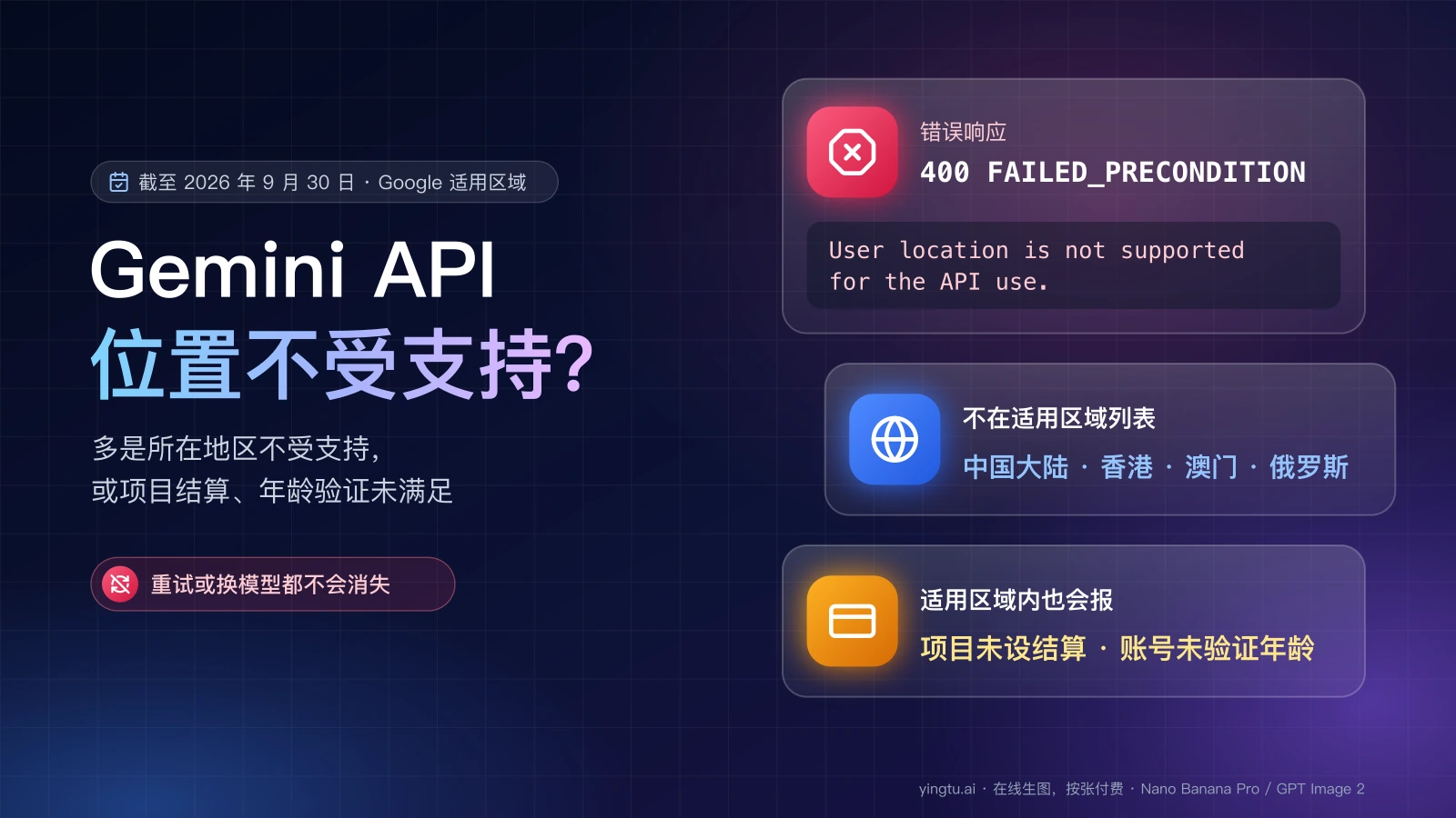 Gemini API 报 400 FAILED_PRECONDITION:中国大陆、香港、澳门、俄罗斯不在适用区域列表,列表内也可能因项目未设结算或账号未验证年龄报错