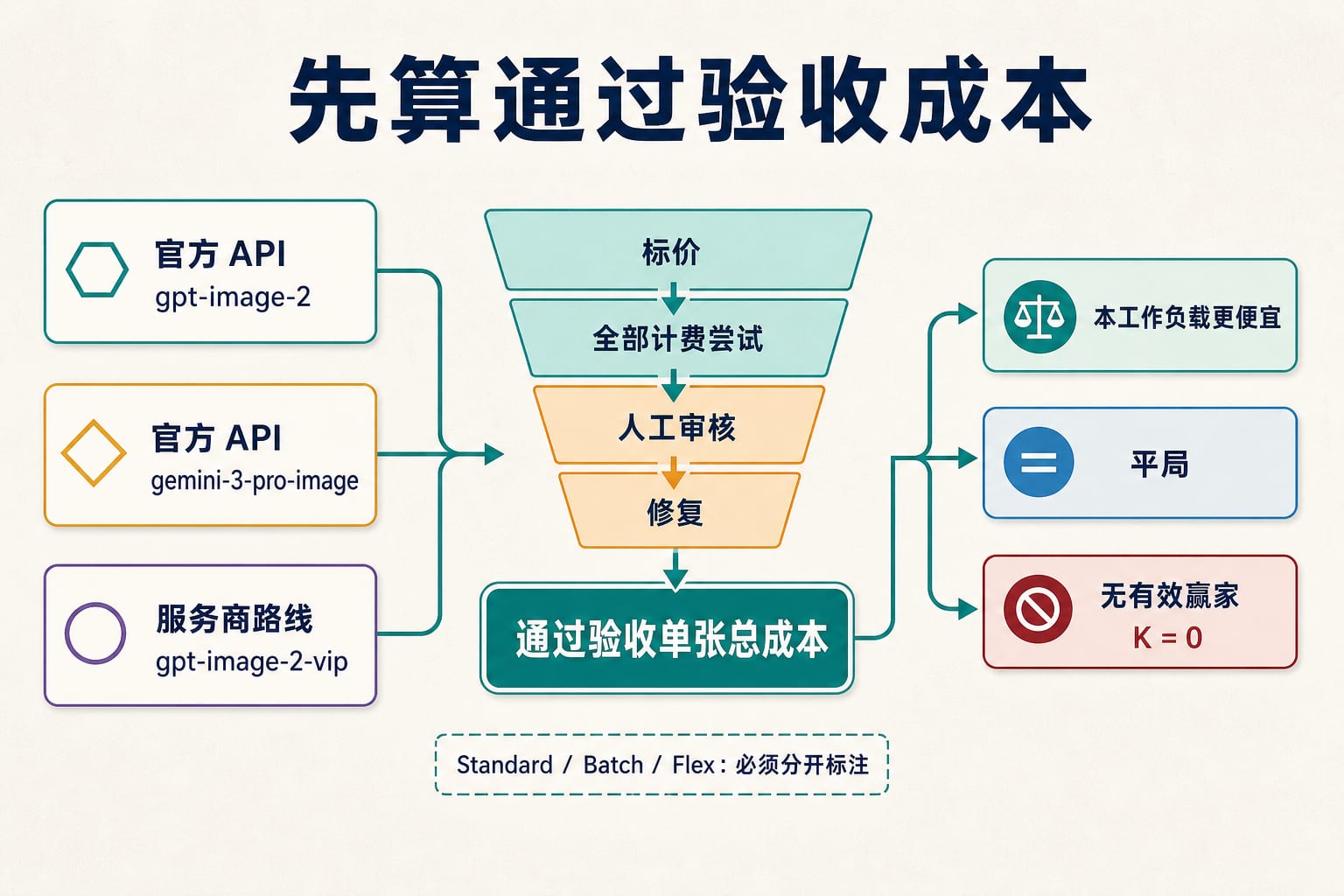 Nano Banana Pro 与 GPT Image 2 的精确路线价格进入同一张通过验收成本表,结果允许更便宜、平局或无有效赢家