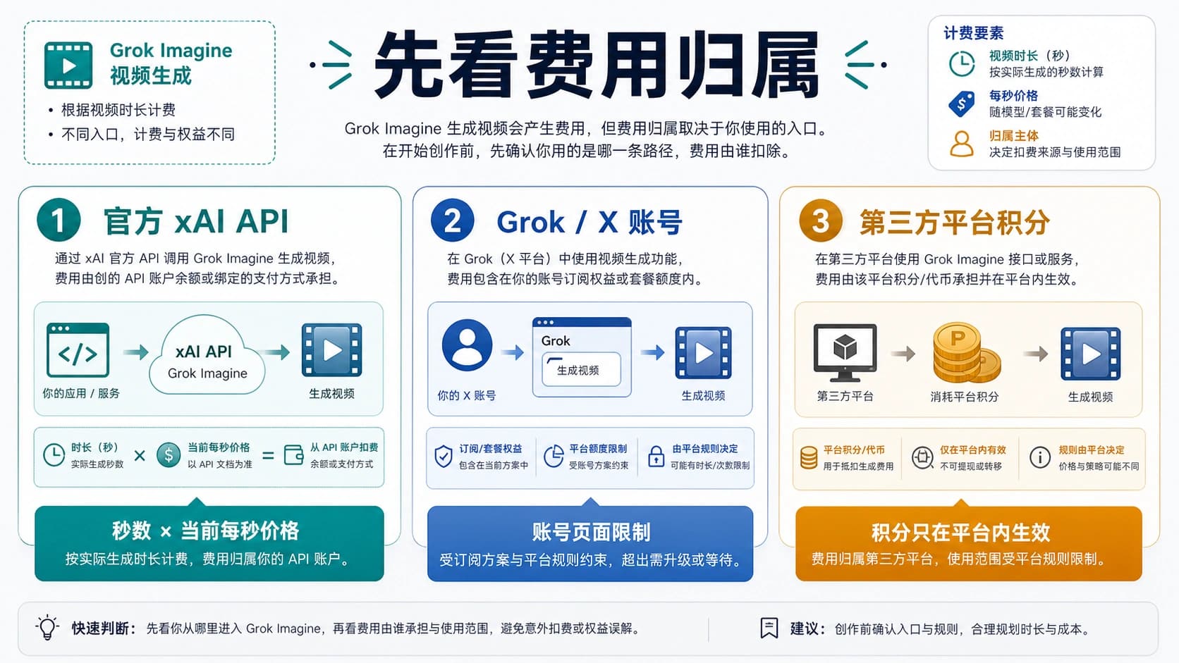 Grok Imagine 视频费用归属图,区分官方 API、Grok 账号和第三方积分钱包