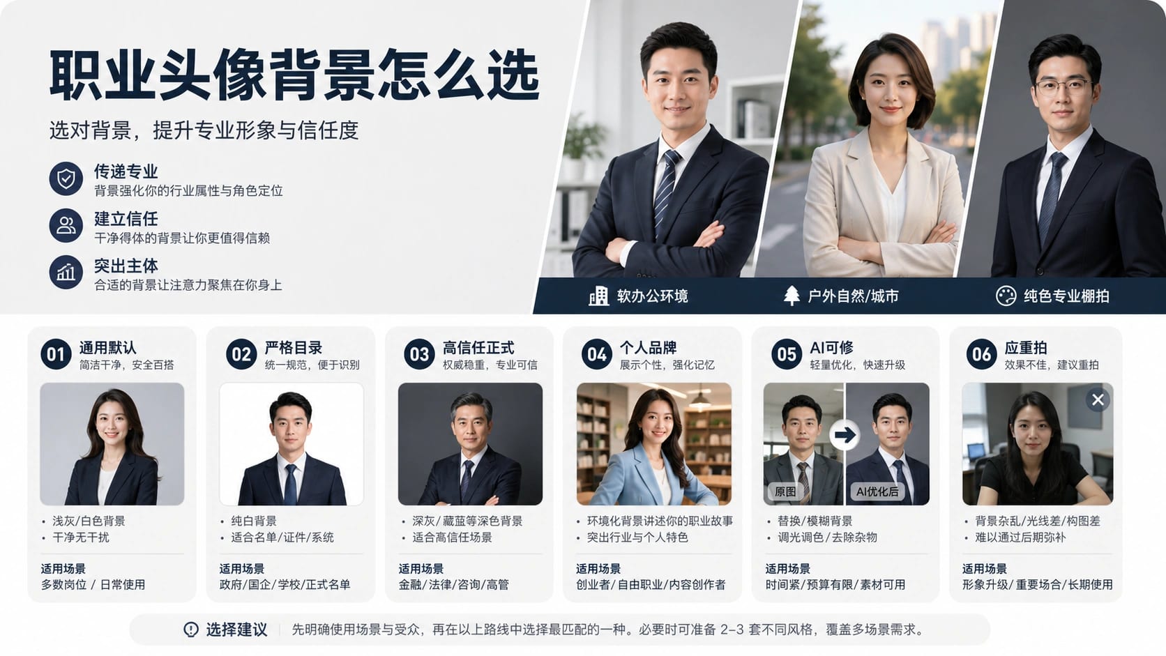 职业头像背景决策图,包含通用默认、目录、正式、个人品牌、AI修图和重拍路线