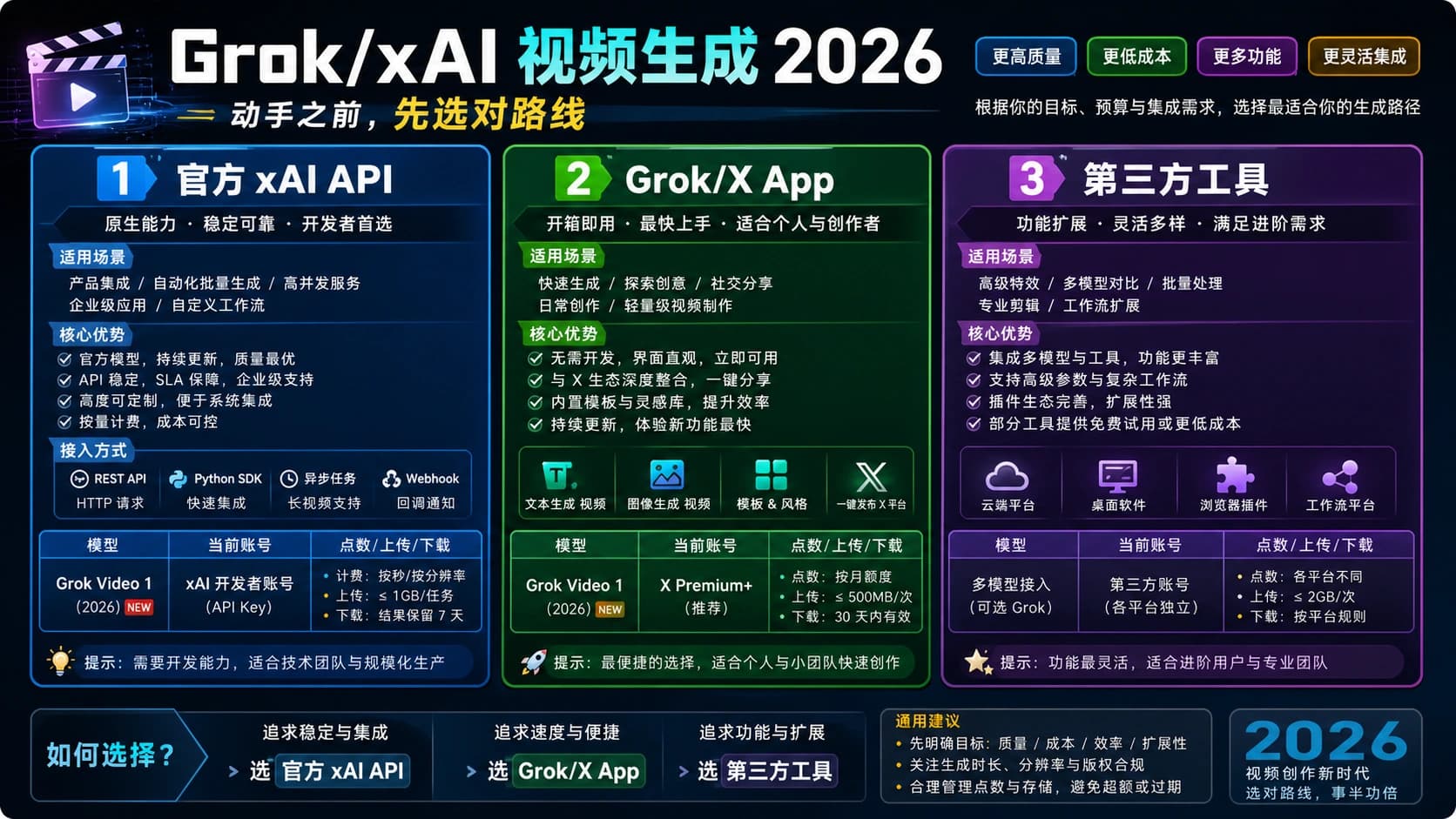 Grok/xAI 视频生成路线图,区分官方 API、Grok/X App 和第三方工具